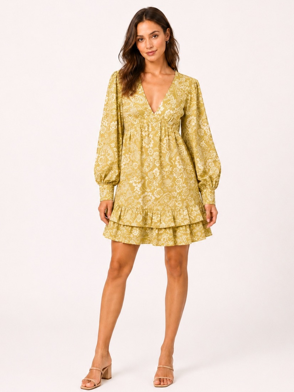 Anthropologie Maeve Floral Ruffle Mini Dress NEW Small Chartreuse Boho Prairie